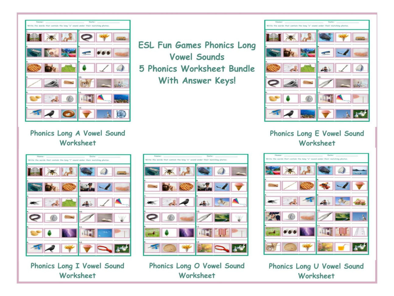 Phonics Long Vowel Sounds 5 Worksheet Bundle