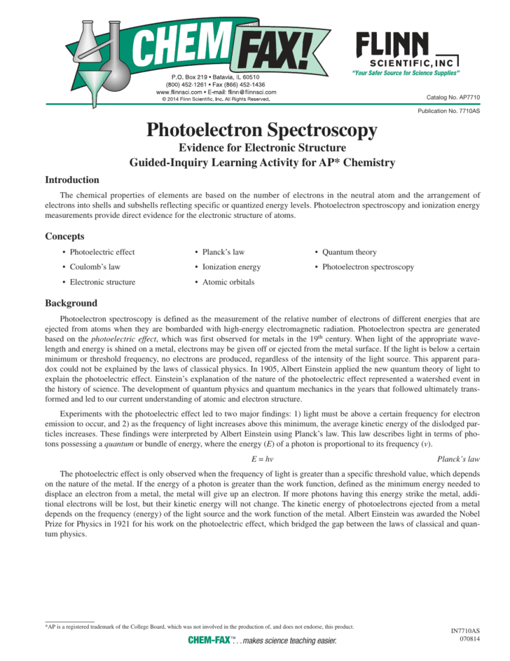 Photoelectron Spectroscopy Worksheet Answers