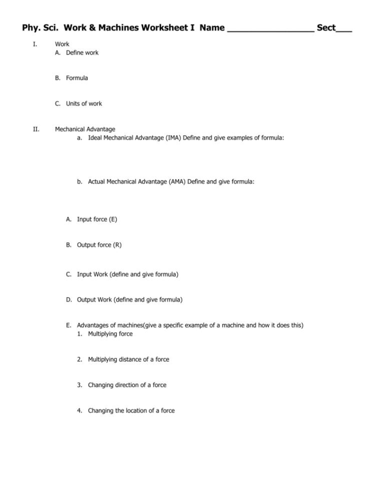 Phy Sci Work  Machines Worksheet I Name Sect