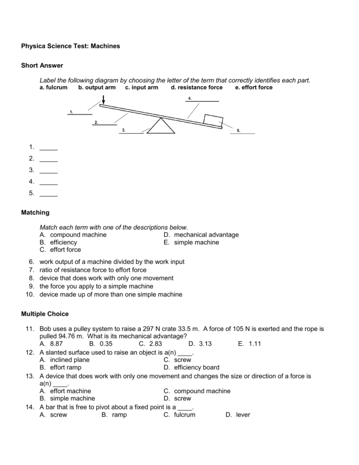 Mechanical Advantage And Efficiency Worksheet Answer Key