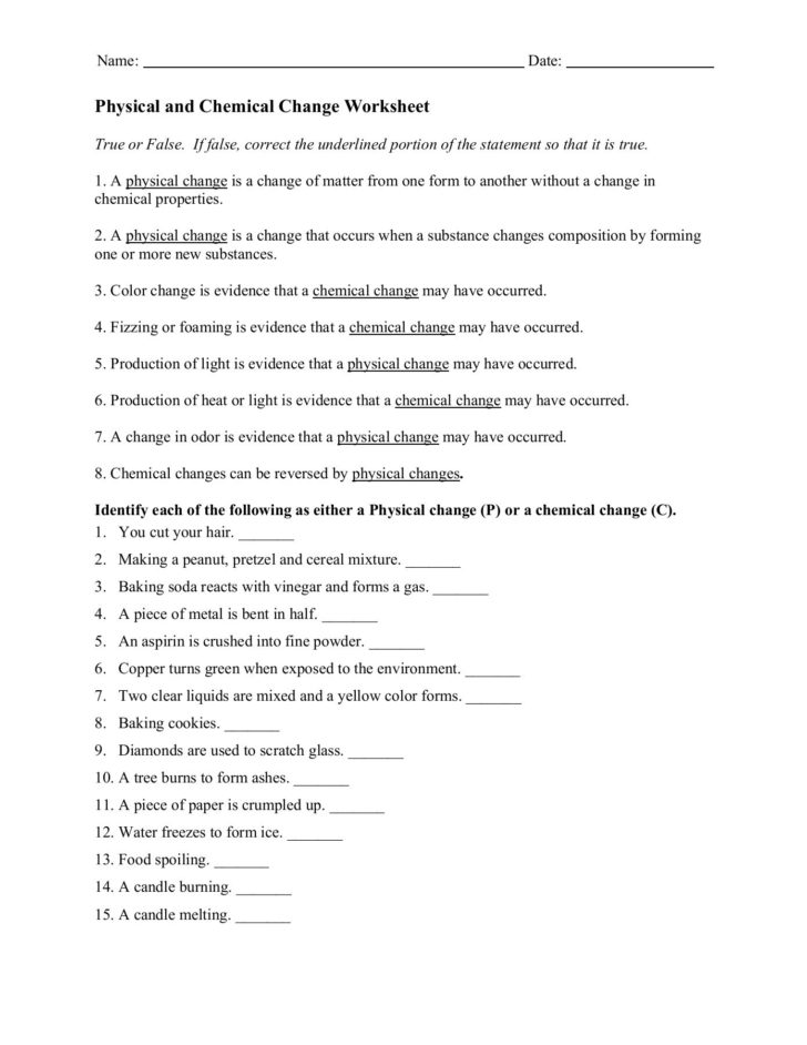 Physical And Chemical Change Worksheets