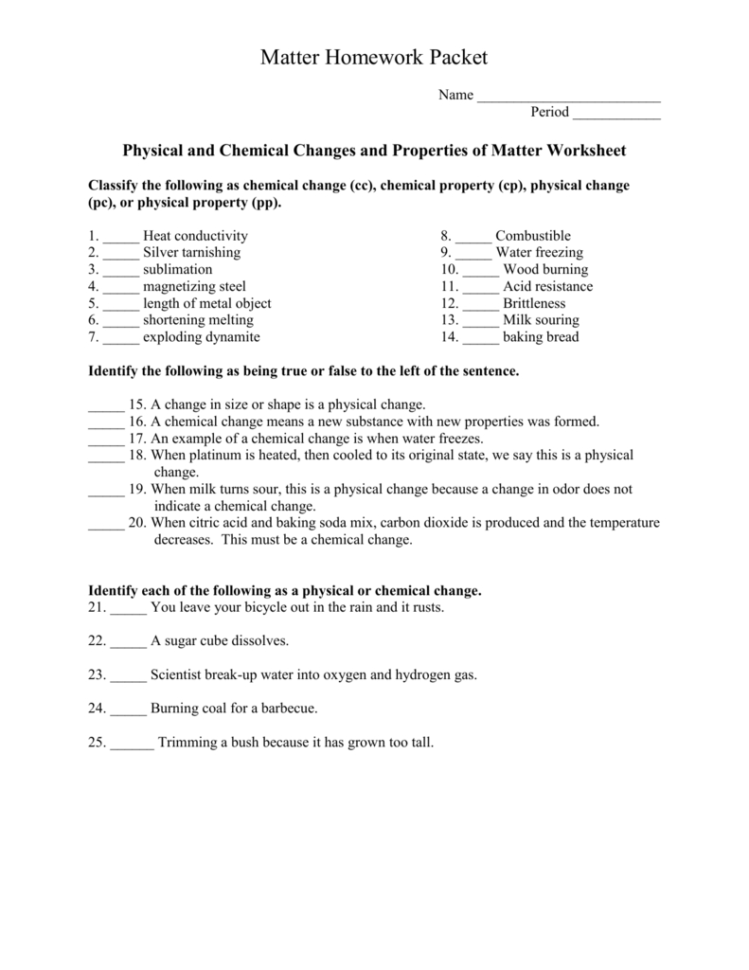 Physical And Chemical Changes And Properties Of Matter