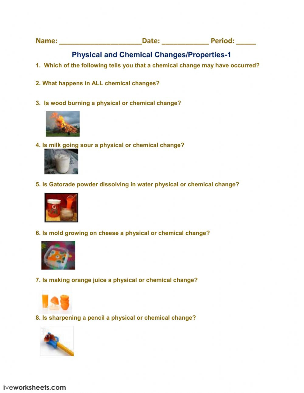 Physical Chemical Change Worksheet