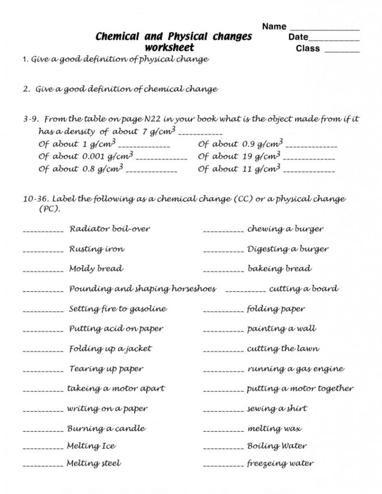 Physical And Chemical Properties And Changes Worksheet