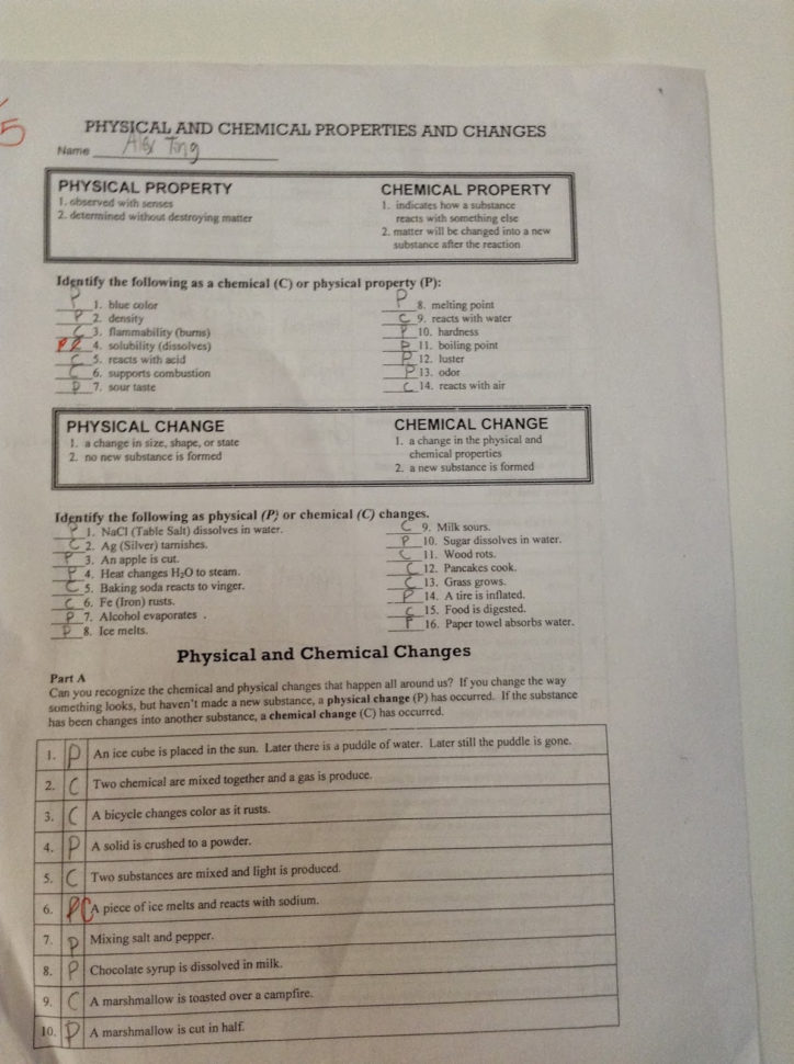 Physical And Chemical Properties And Changes Worksheet