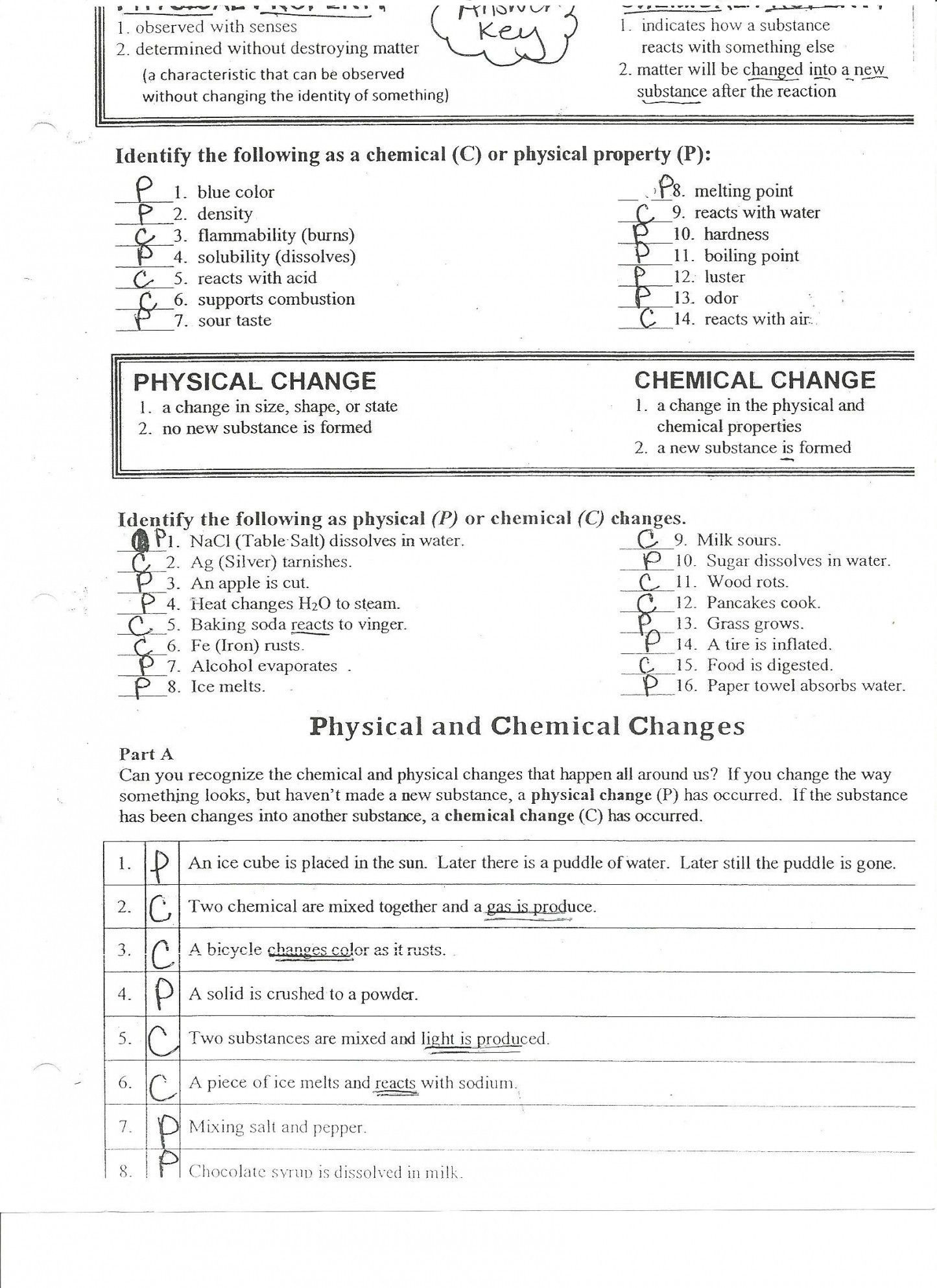 physical and chemical properties and changes review