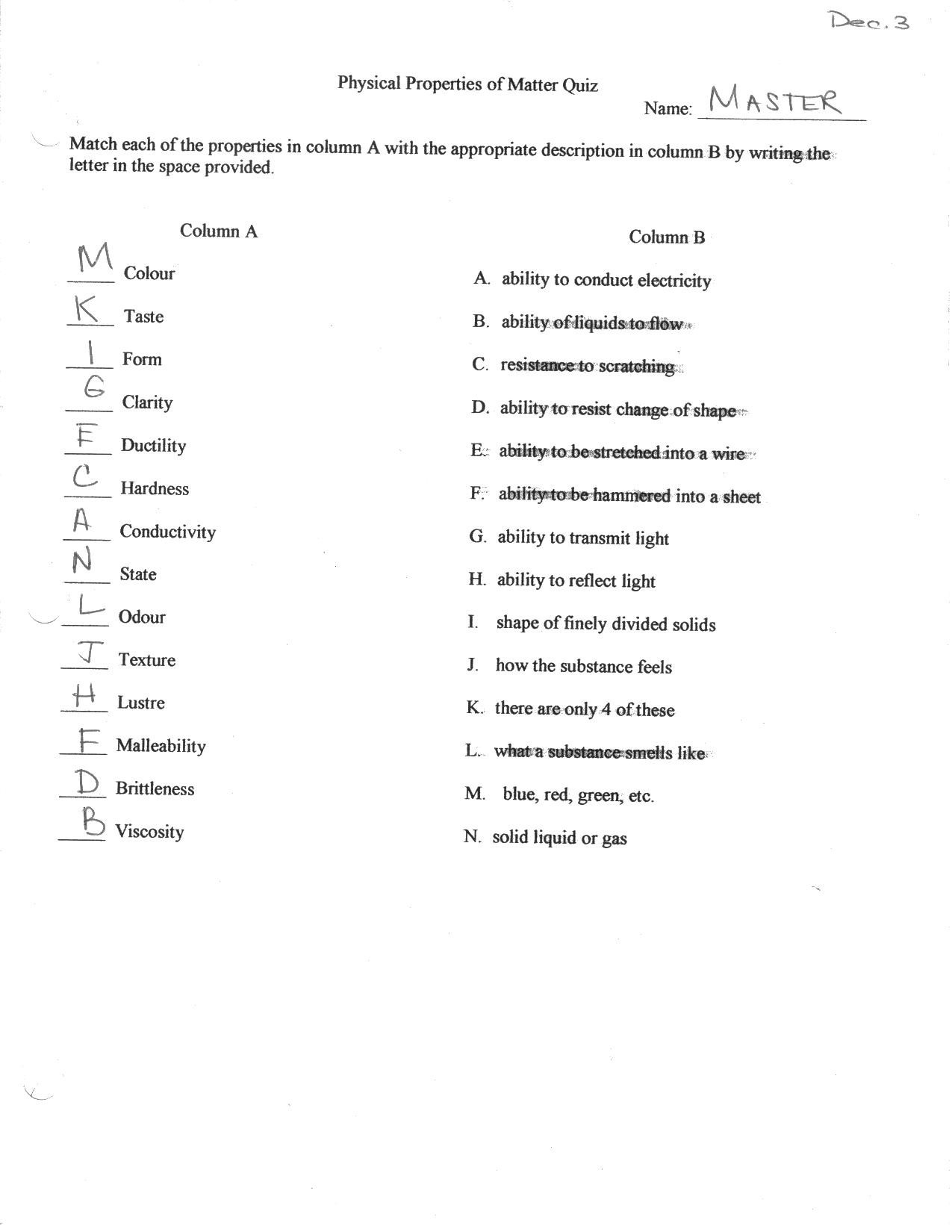 Physical And Chemical Properties Worksheet Physical Science
