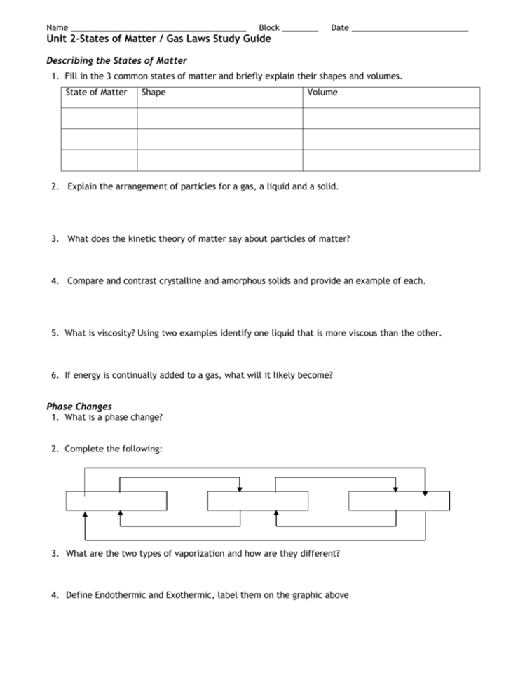 Physical Science Chapter 3 States Of Matter Worksheet 3