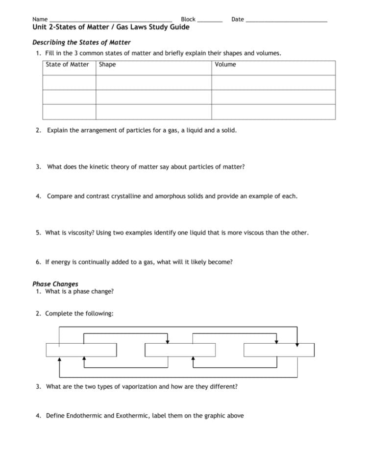 Physical Science Chapter 3 States Of Matter Worksheet 3