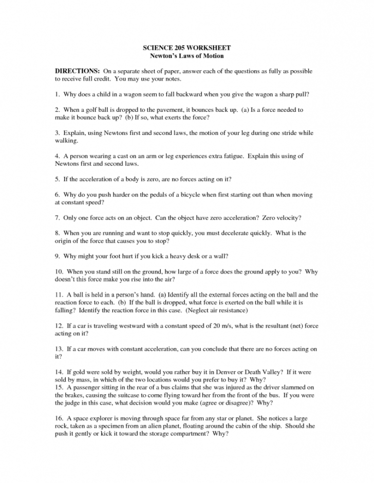 Physical Science Newton's Laws Worksheet