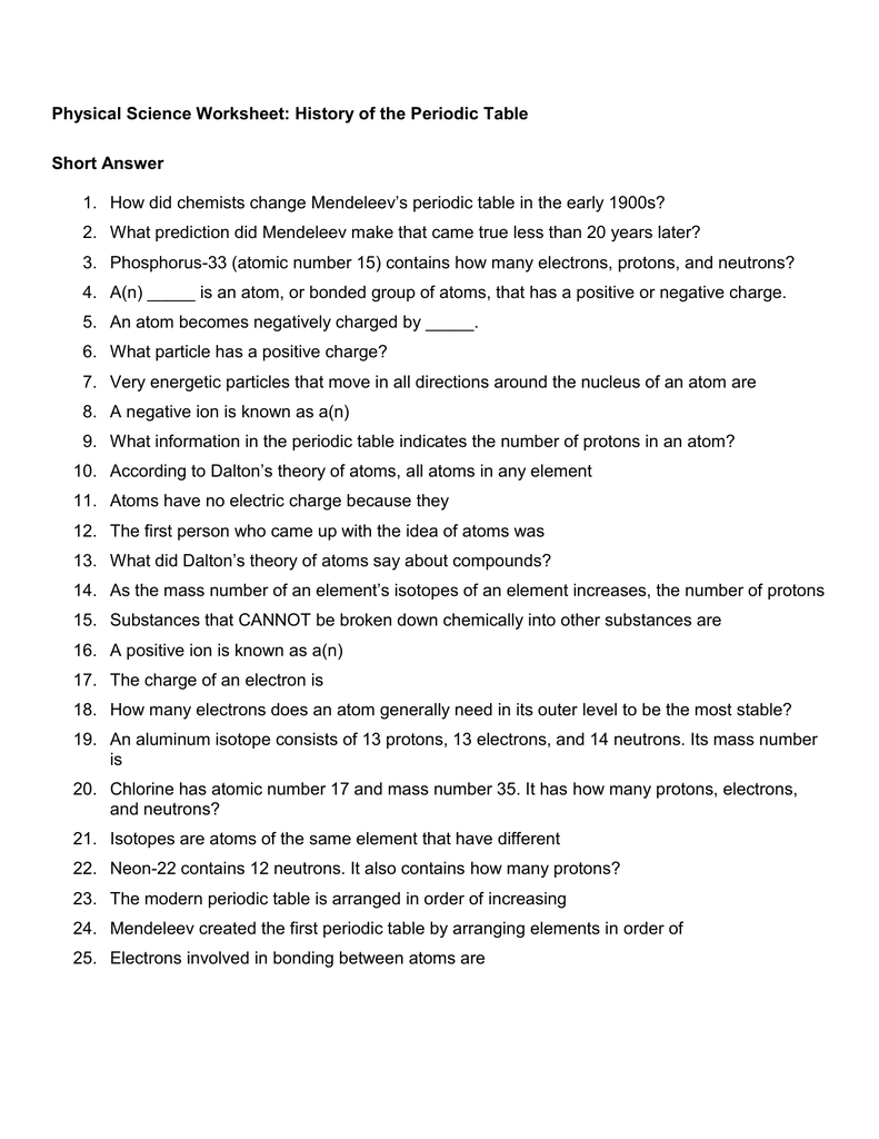 Physical Science Worksheet History Of The Periodic Table Short
