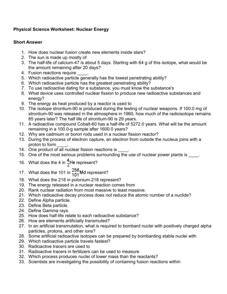 Physical Science Worksheet Nuclear Energy Short Answer 1 How