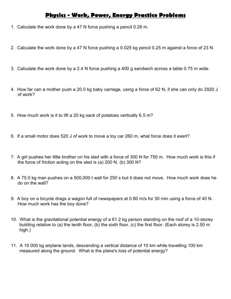 Physics 11  Work Power Energy Worksheet