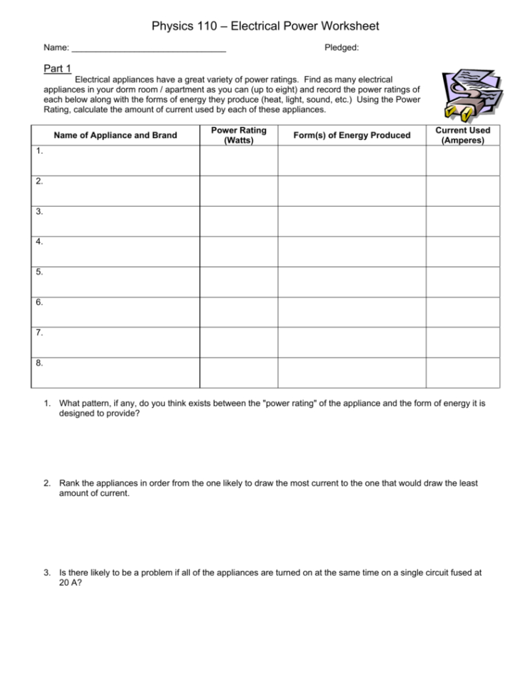 Physics 110 – Electrical Power Worksheet