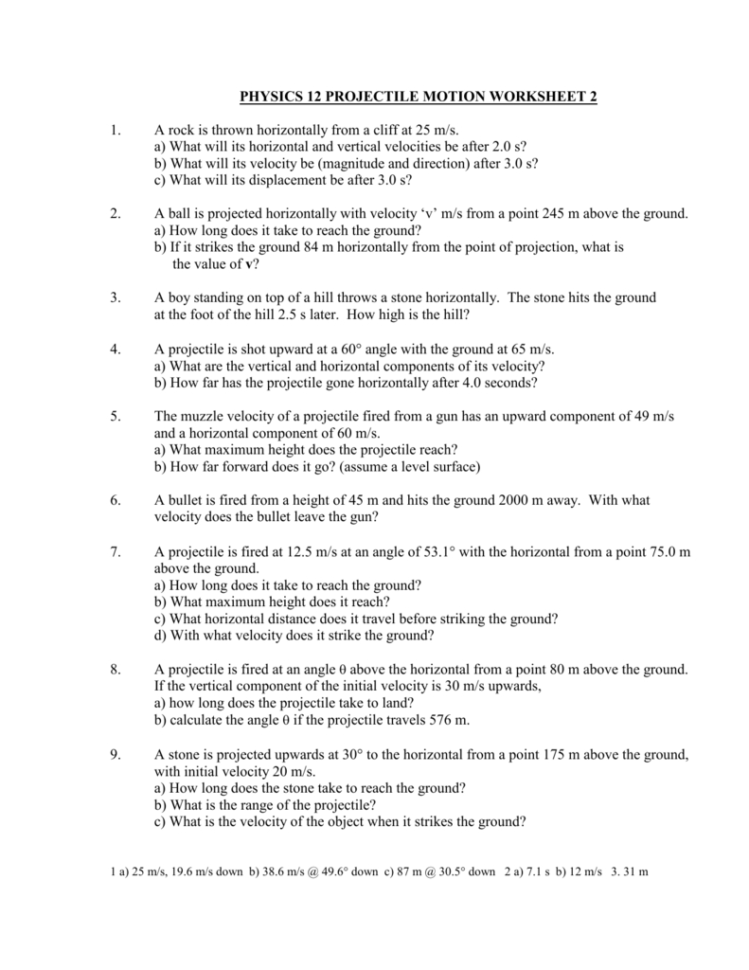 Physics 12 Projectile Motion Worksheet 2