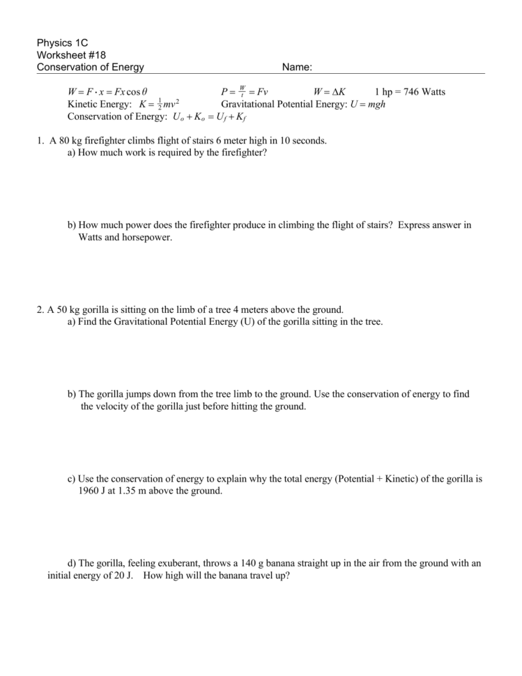 Physics 1C Worksheet 18 Conservation Of Energy