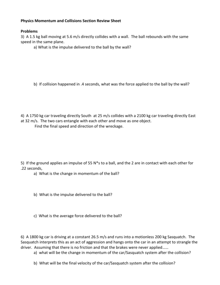 Momentum And Collisions Worksheet Answer Key — db-excel.com