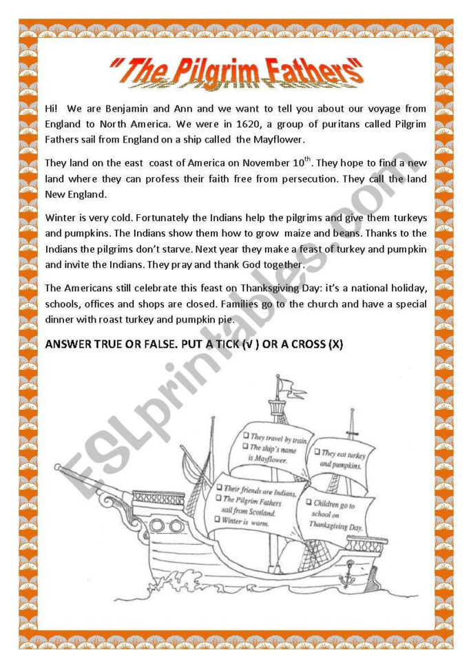 Pilgrim Fathers  Esl Worksheetpallino