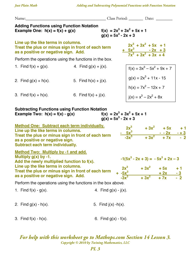 Pl 3 Adding And Subtracting Polynomial Functions With