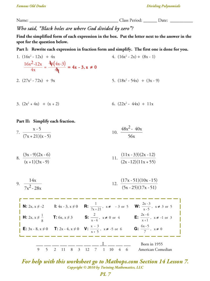 Pl 7 Dividing Polynomials  Simplifying  Mathops