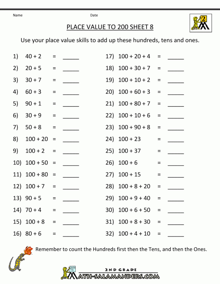 Place Value Worksheet  Numbers To 200