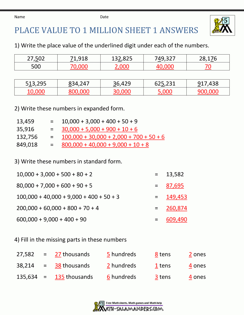 Place Value Worksheet  Up To 10 Million