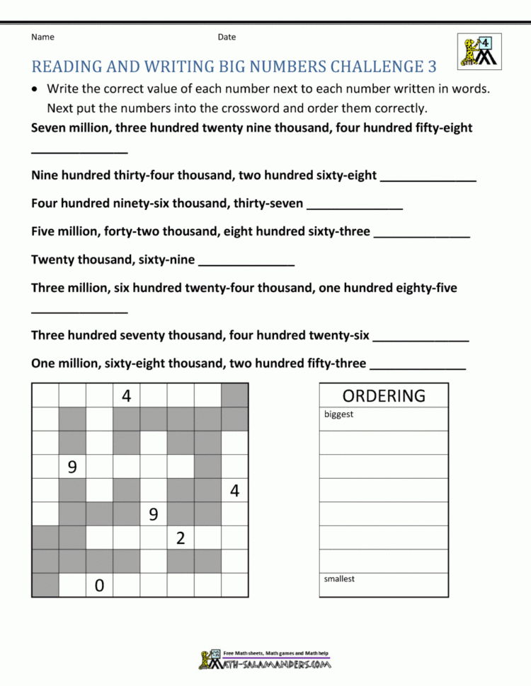 Place Value Worksheet  Up To 10 Million