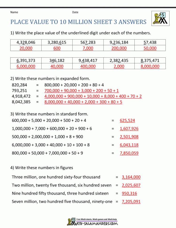 Place Value Worksheet  Up To 10 Million
