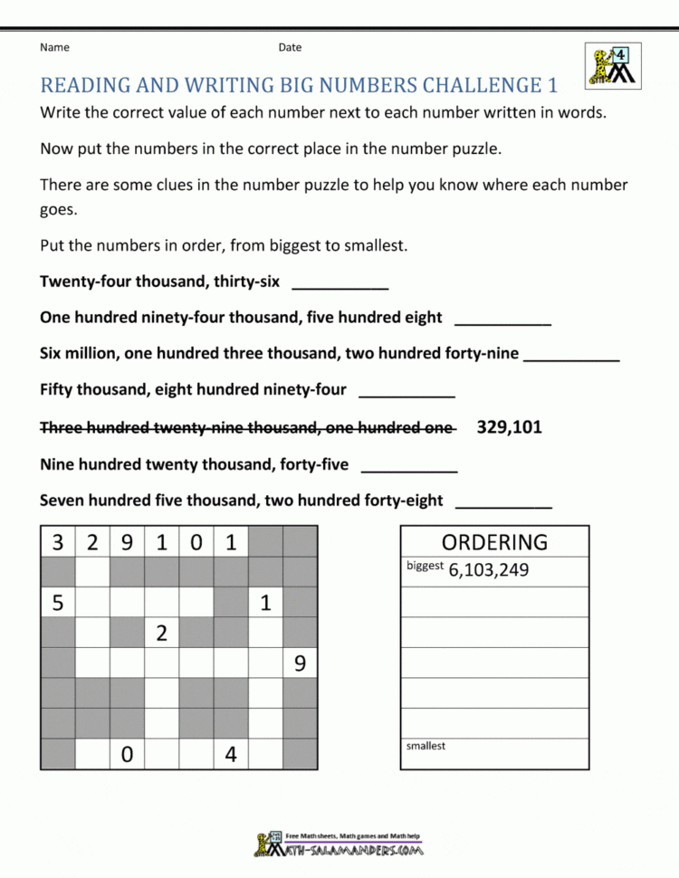 Place Value Worksheet  Up To 10 Million