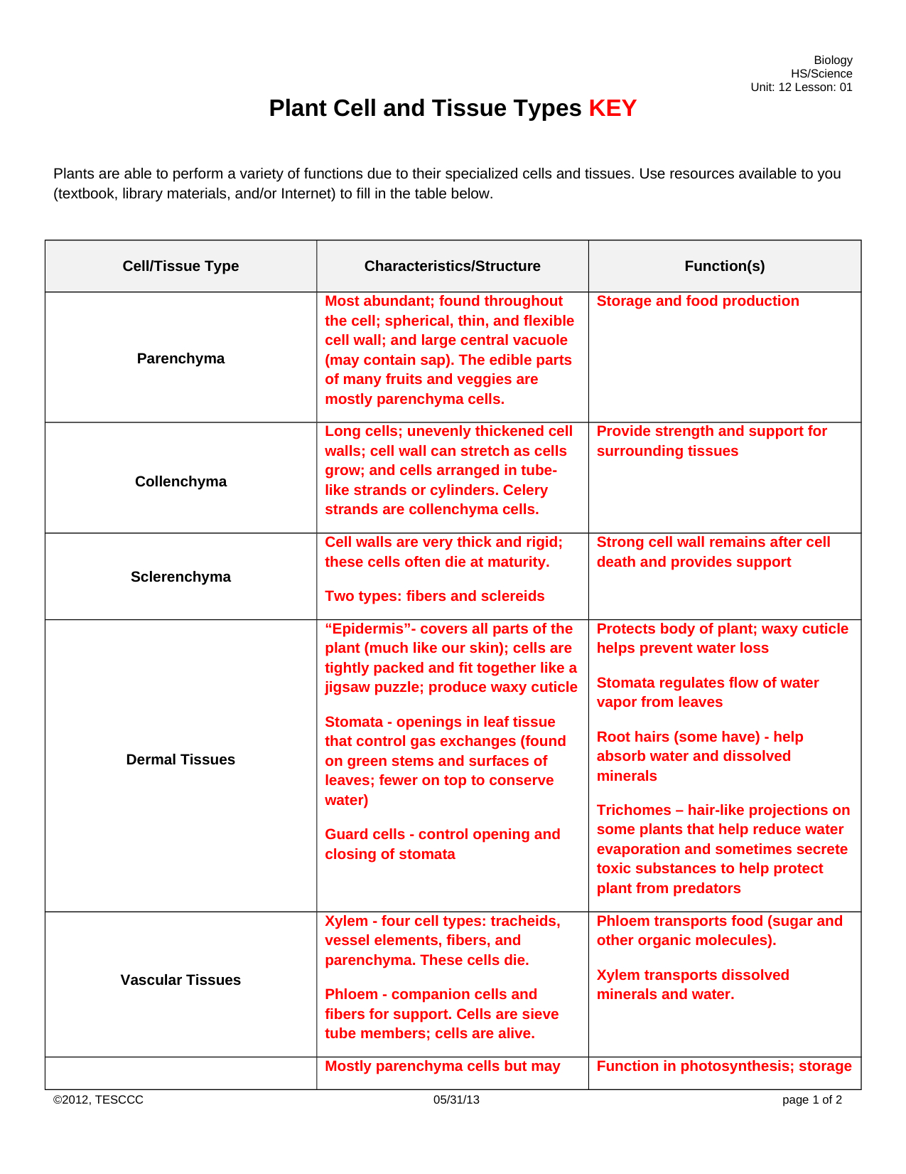 Plant Cell And Tissue Types Key Db excel