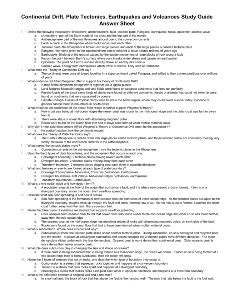 Plate Tectonics Earthquakes And Volcanoes Study Guide Answer Key
