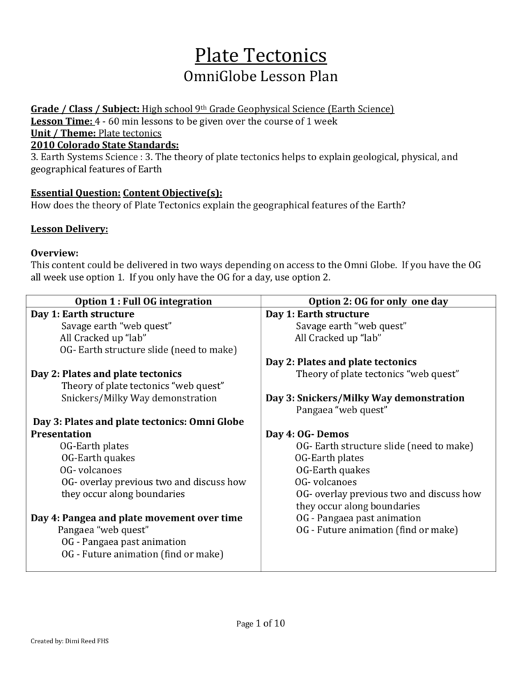 Plate Tectonics Omniglobe Lesson Plan Grade  Class  Subject