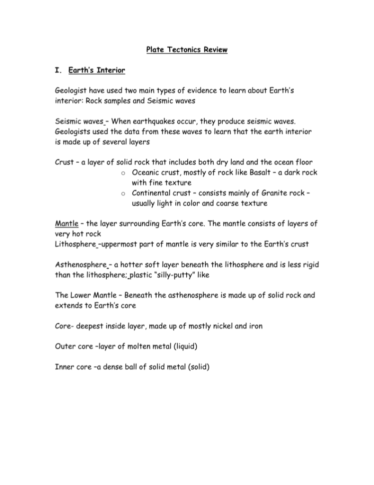 Plate Tectonics Review Sheet