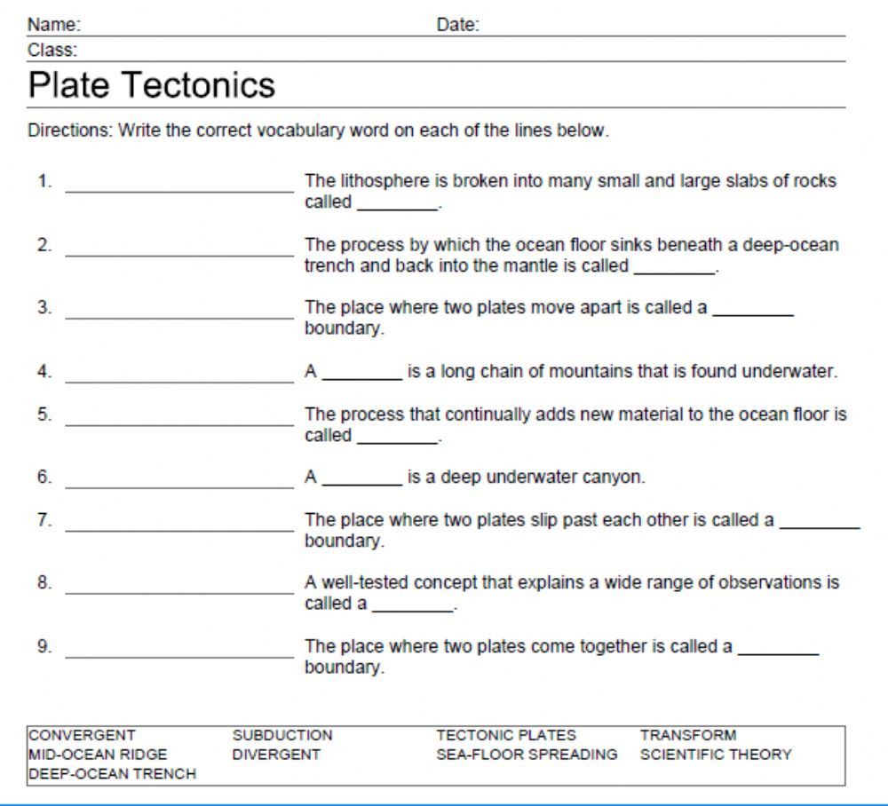 Plate Tectonics Vocab  Interactive Worksheet