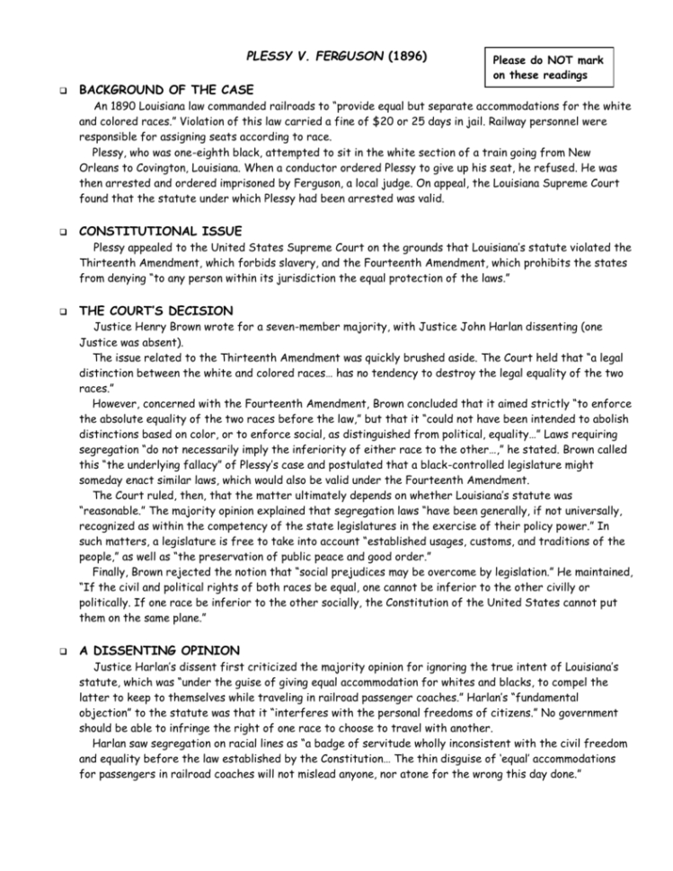 Plessy V Ferguson 1896 Background Of The Case An