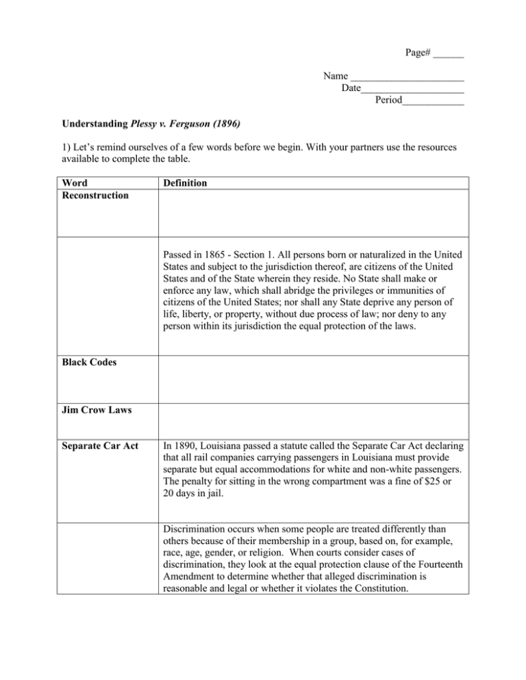 Plessy V Ferguson 1896 Worksheet Answers — db-excel.com