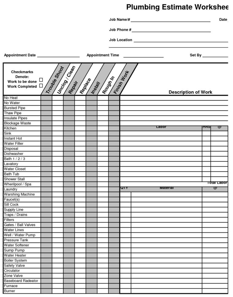 Plumbing Estimate Construction Worksheet  Estimating