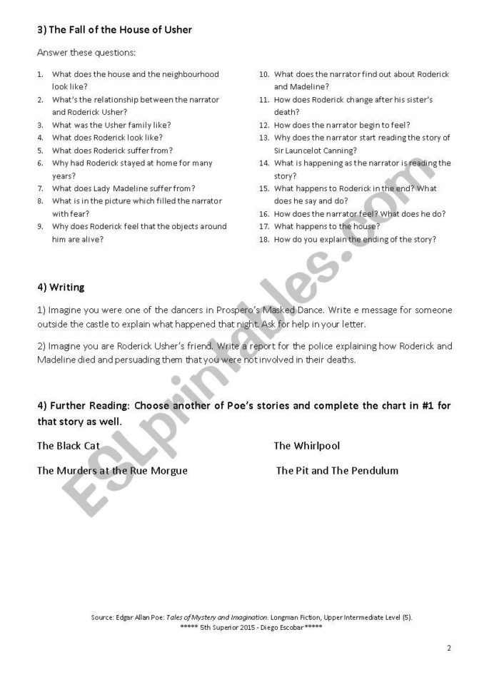 Poe Red Deathfall Of The House Of Usher Worksheet  Esl