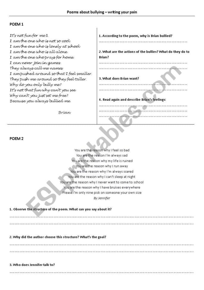 Poems About Bullying  Esl Worksheetcilyne