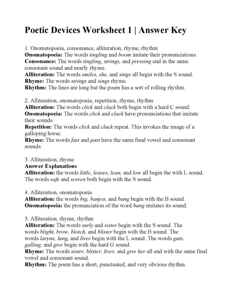 Poetic Devices Worksheet 1  Answers