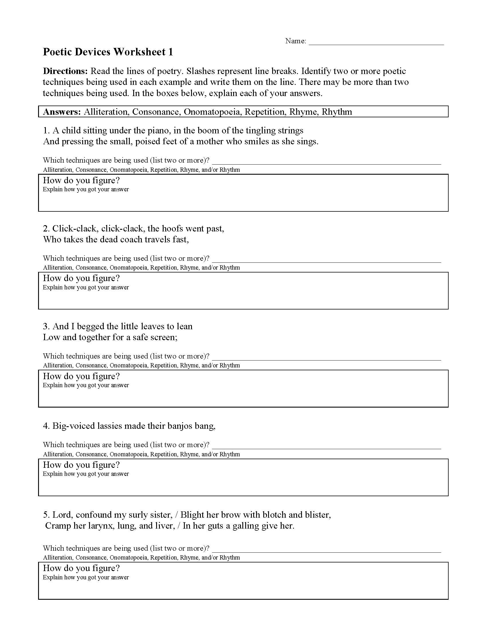 Poetic Devices Worksheet 1  Preview