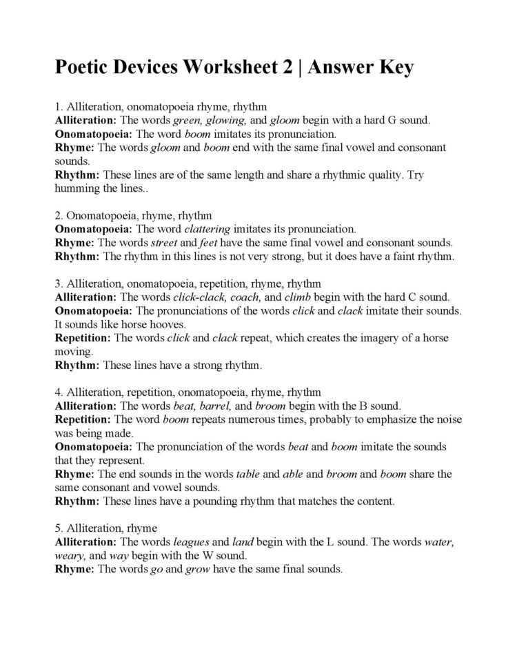 Poetic Devices Worksheet 2  Answers