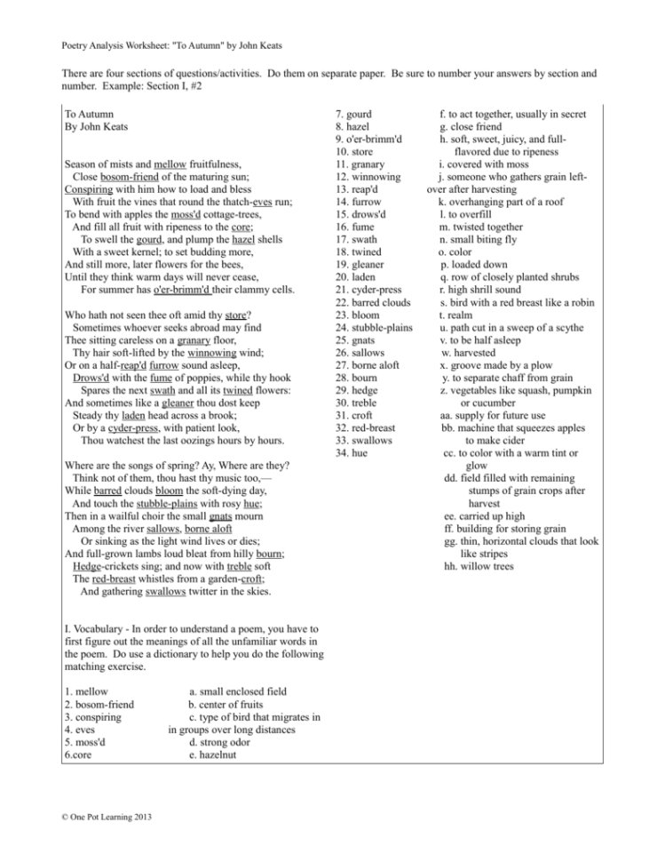 Poetry Analysis Worksheet "to Autumn"john