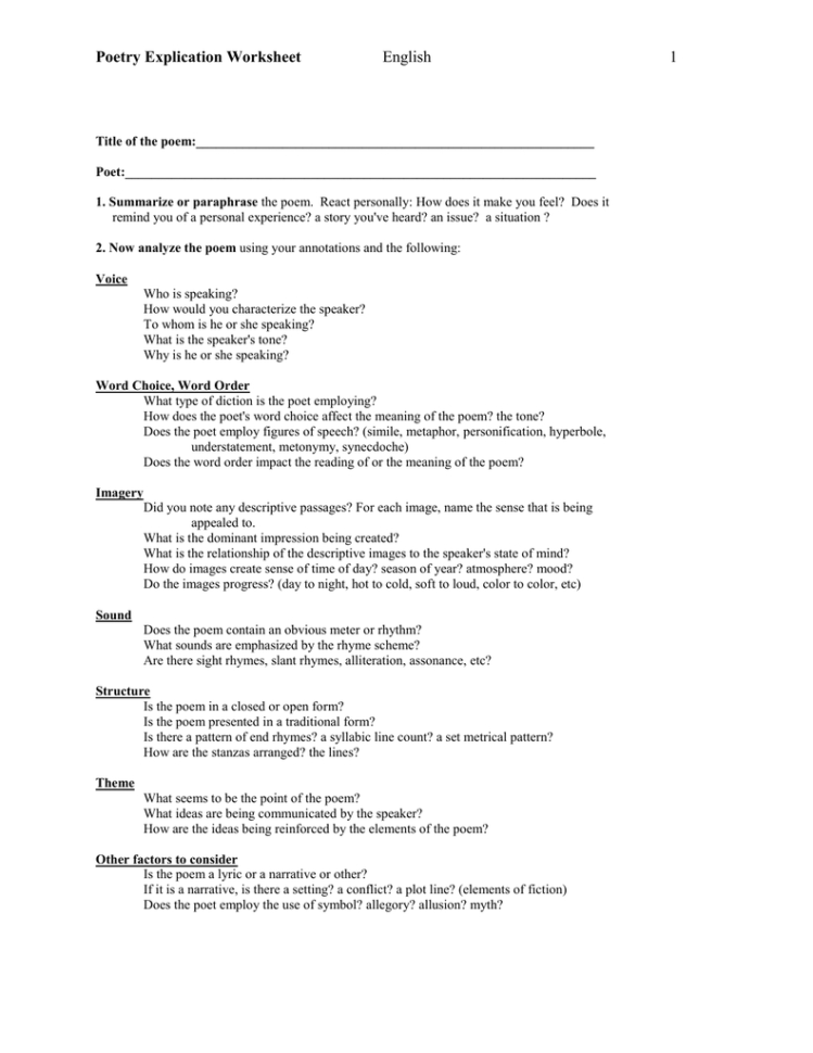 Poetry Worksheet