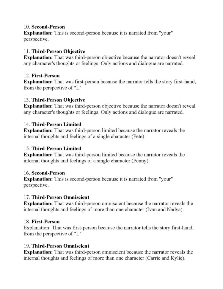 Point Of View Worksheet 1  Answers