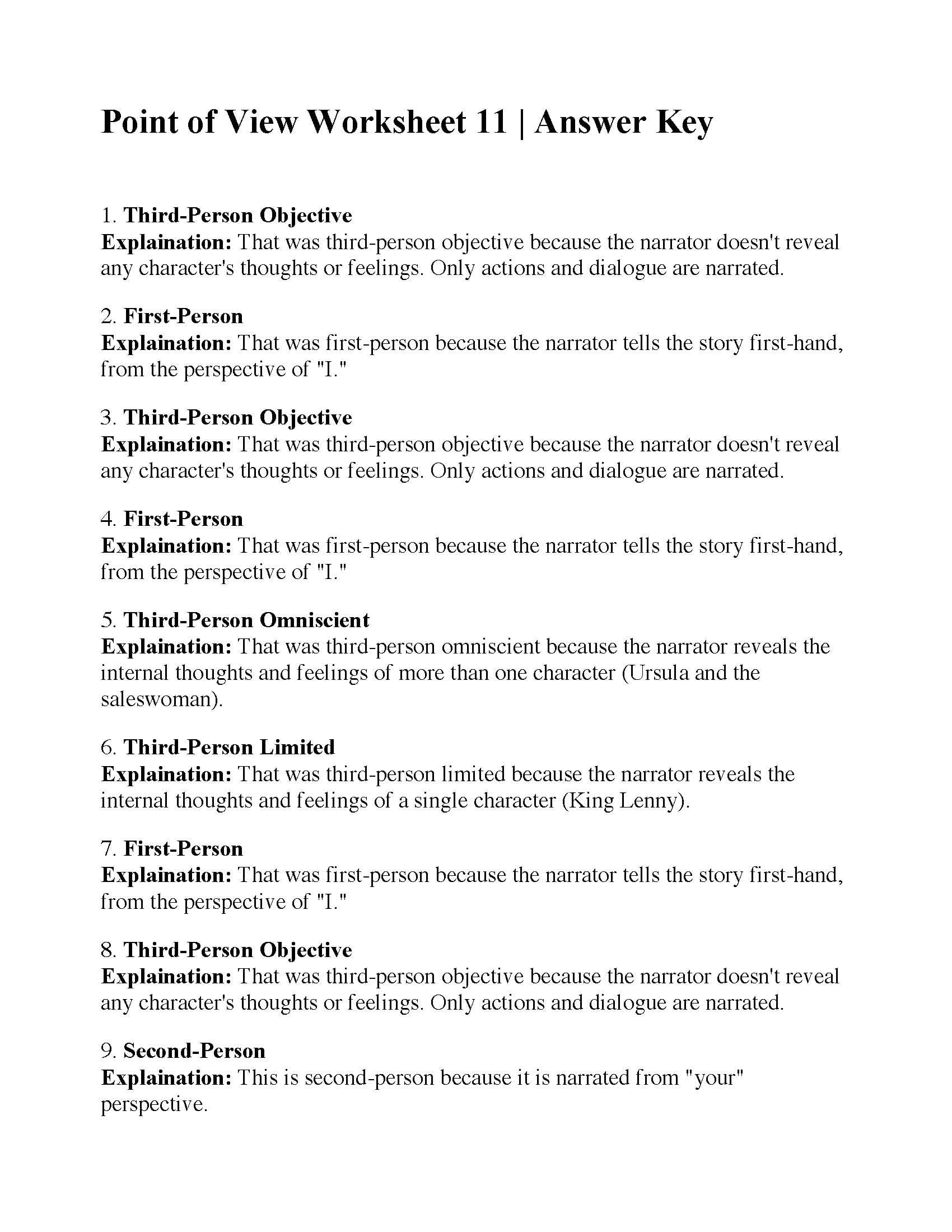 Author Point Of View Worksheet