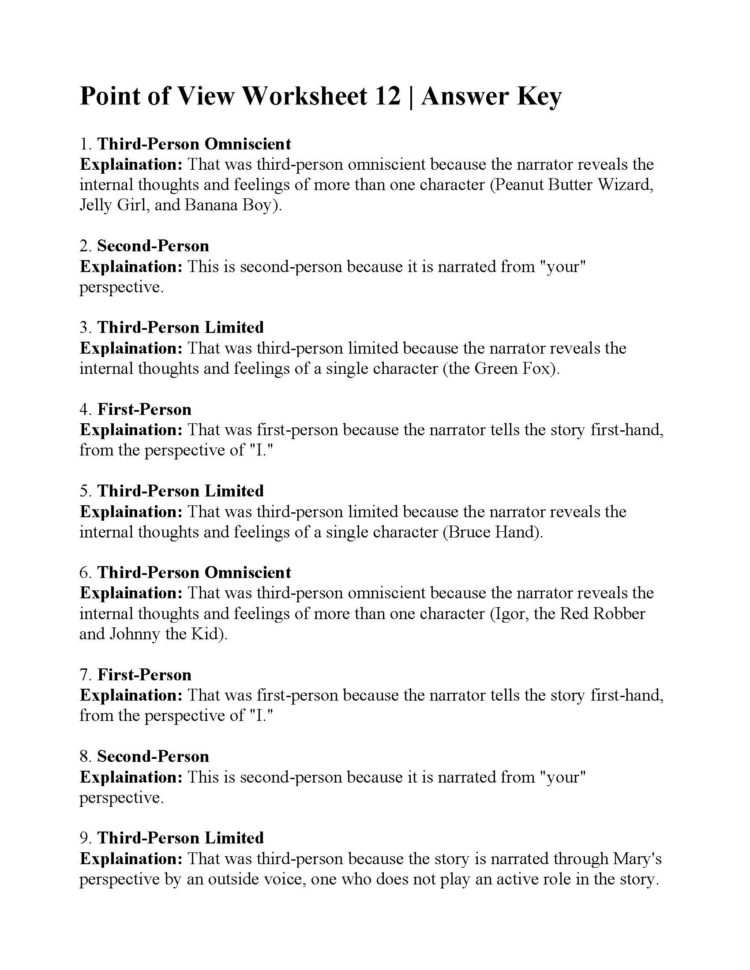 Point Of View Worksheet 12  Answers