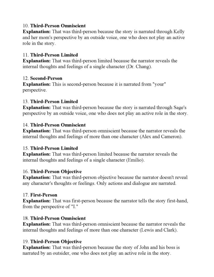 Point Of View Worksheet 14  Answers