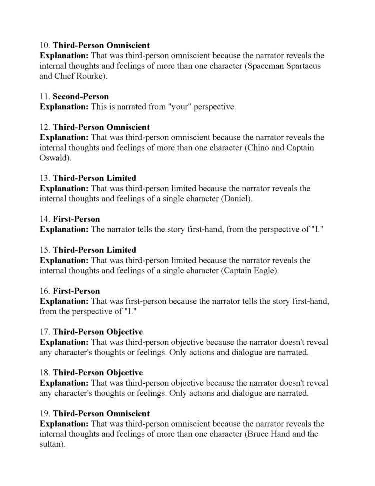 Point Of View Worksheet 15  Answers