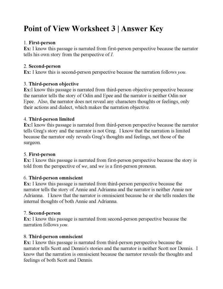 Point Of View Worksheet 3  Answers